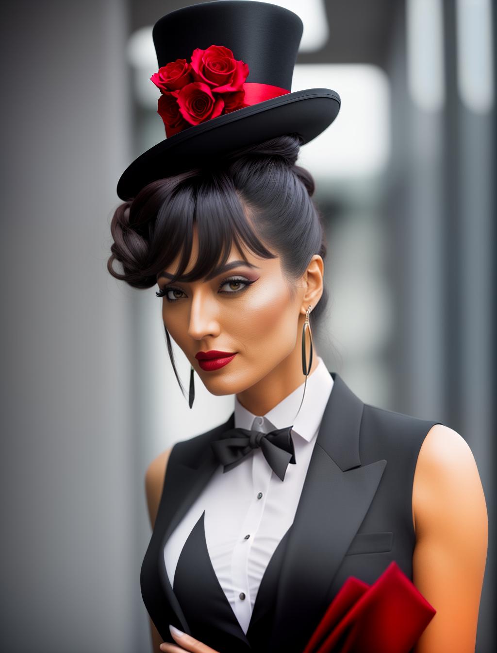  Hot woman, black suit loosely buttoned, red tie, top hat, red wing, horns, (high detailed skin:1.2), 8k uhd, dslr, soft lighting, high quality, film grain, Fujifilm XT3 hyperrealistic, full body, detailed clothing, highly detailed, cinematic lighting, stunningly beautiful, intricate, sharp focus, f/1. 8, 85mm, (centered image composition), (professionally color graded), ((bright soft diffused light)), volumetric fog, trending on instagram, trending on tumblr, HDR 4K, 8K