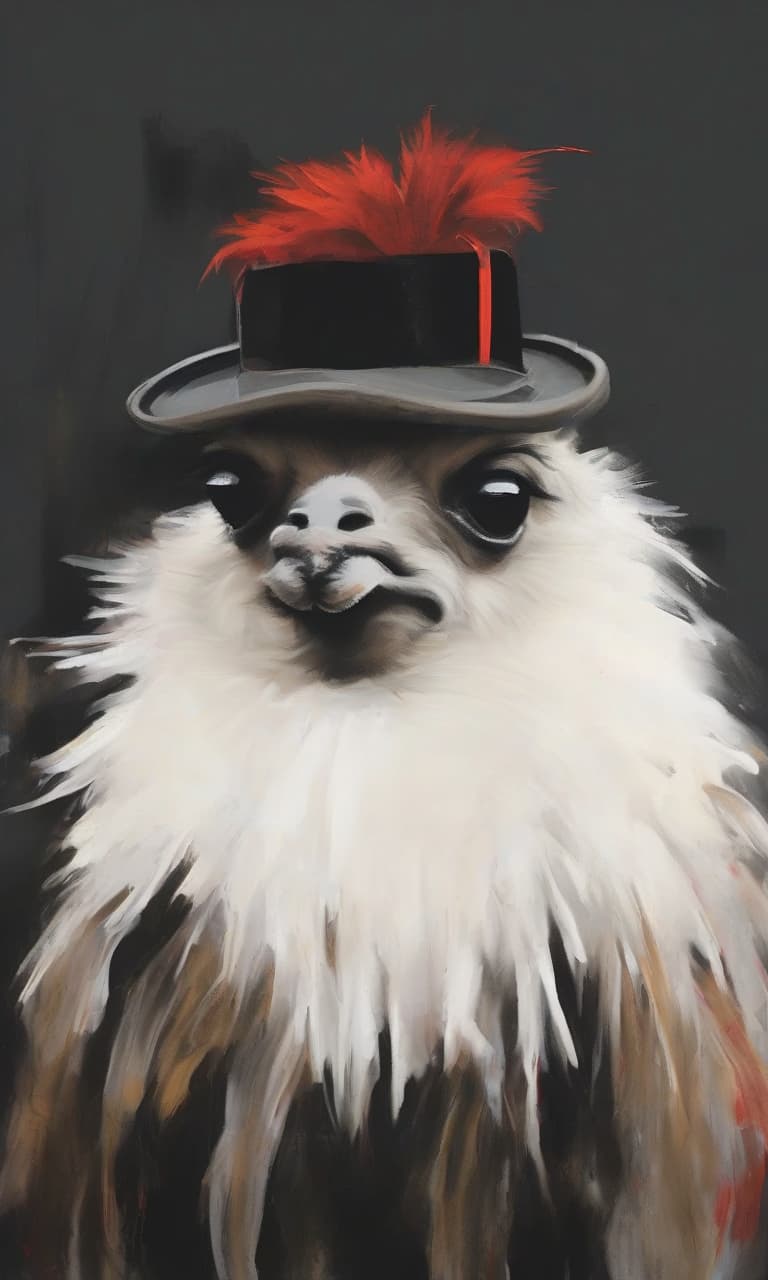  abstract expressionist painting r3mbr4ndt oil painting portrait of (((a cute llama))) in (a hat with a red ostrich feather:1.6), (dark background:1.8), (((heavy brushstrokes))), high contrast, vintage, <lora:arsmjstyle4:1.4> . energetic brushwork, bold colors, abstract forms, expressive, emotional, hkmagic