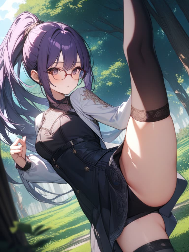  ponytail, dress, purple hair, glasses girl, high kick, forest, kick, masterpiece, best quality,8k,ultra detailed,high resolution,an extremely delicate and beautiful,hyper detail