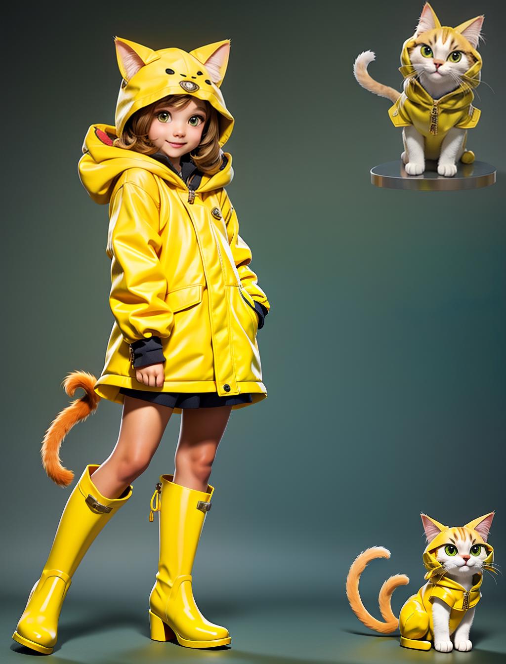  model of a cartoon cat in a yellow cloak and yellow boots. the model should show the cat from several angles: 2. the expression of the cat should be playful and cute, with details such as the hood. the background should be simple to emphasize the character