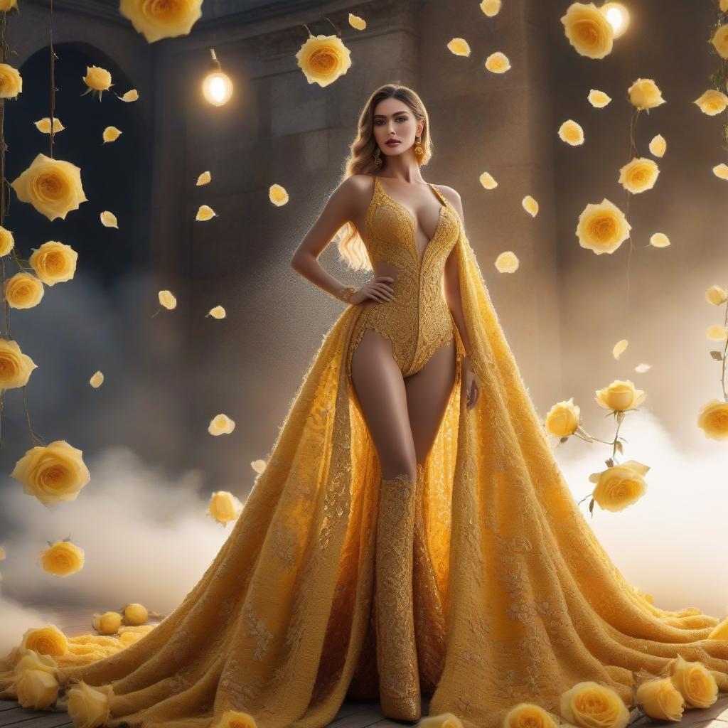  Knitted chizh wool, yellow roses, gold brocade background, realistic color photo hyperrealistic, full body, detailed clothing, highly detailed, cinematic lighting, stunningly beautiful, intricate, sharp focus, f/1. 8, 85mm, (centered image composition), (professionally color graded), ((bright soft diffused light)), volumetric fog, trending on instagram, trending on tumblr, HDR 4K, 8K