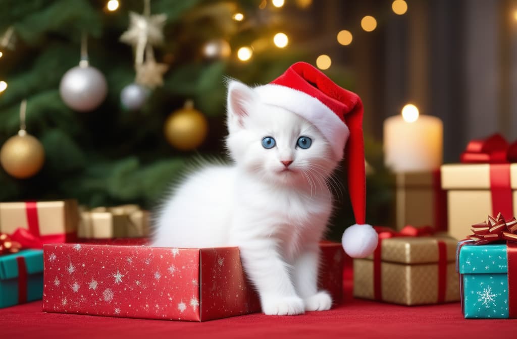  A white fluffy kitten in a Santa Claus cap picks out a box of a beautifully packaged gift against the background of a New Year tree and colorful gifts. ar 3:2 high quality, detailed intricate insanely detailed, flattering light, RAW photo, photography, photorealistic, ultra detailed, depth of field, 8k resolution , detailed background, f1.4, sharpened focus