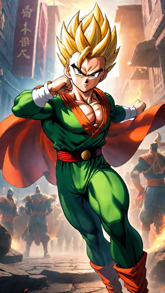  anime art: gohan transforms into great saiyaman, blending justice and flair in satan city. hyperrealistic, full body, detailed clothing, highly detailed, cinematic lighting, stunningly beautiful, intricate, sharp focus, f/1. 8, 85mm, (centered image composition), (professionally color graded), ((bright soft diffused light)), volumetric fog, trending on instagram, trending on tumblr, HDR 4K, 8K