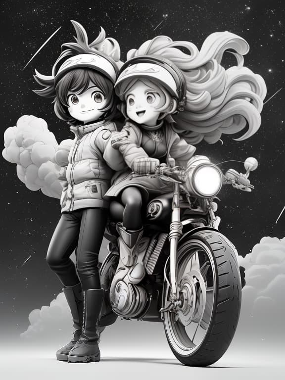  Two lovers, a girl and a guy holding each other on a bicycle, ride on the small planet Earth. The background is the cosmos with planets, stars, and flying stars. The camera should be from above to look down at the people., Sketch, Manga Sketch, Pencil drawing, Black and White, Manga, Manga style, Low detail, Line art, vector art, Monochromatic, by katsuhiro otomo and masamune shirow and studio ghilibi and yukito kishiro hyperrealistic, full body, detailed clothing, highly detailed, cinematic lighting, stunningly beautiful, intricate, sharp focus, f/1. 8, 85mm, (centered image composition), (professionally color graded), ((bright soft diffused light)), volumetric fog, trending on instagram, trending on tumblr, HDR 4K, 8K