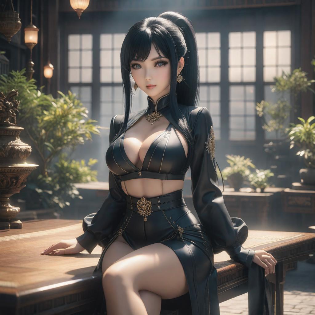  young , in black hair with large s sitting , using her left hand, fingers expand her , ((anime)) hyperrealistic, full body, detailed clothing, highly detailed, cinematic lighting, stunningly beautiful, intricate, sharp focus, f/1. 8, 85mm, (centered image composition), (professionally color graded), ((bright soft diffused light)), volumetric fog, trending on instagram, trending on tumblr, HDR 4K, 8K