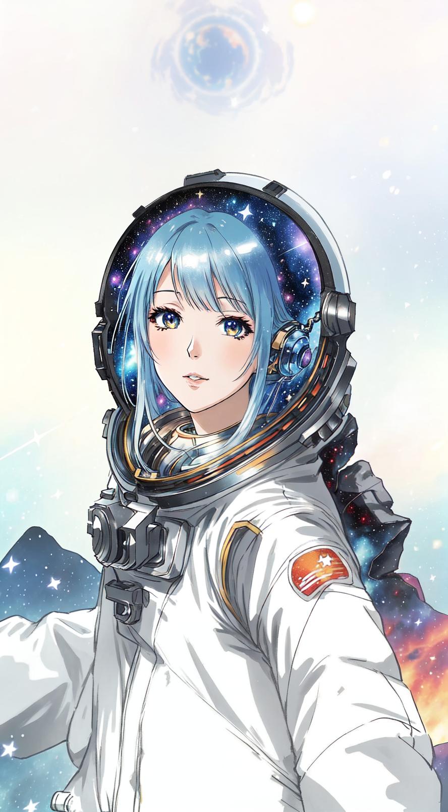  anime style, astronaut in space, fully detailed outer space background with stars, galaxies, nebulae, vibrant colors, wearing detailed space suit, cosmic scene, highly detailed spacesuit, complete space environment, clothing replace, space suit hyperrealistic, full body, detailed clothing, highly detailed, cinematic lighting, stunningly beautiful, intricate, sharp focus, f/1. 8, 85mm, (centered image composition), (professionally color graded), ((bright soft diffused light)), volumetric fog, trending on instagram, trending on tumblr, HDR 4K, 8K