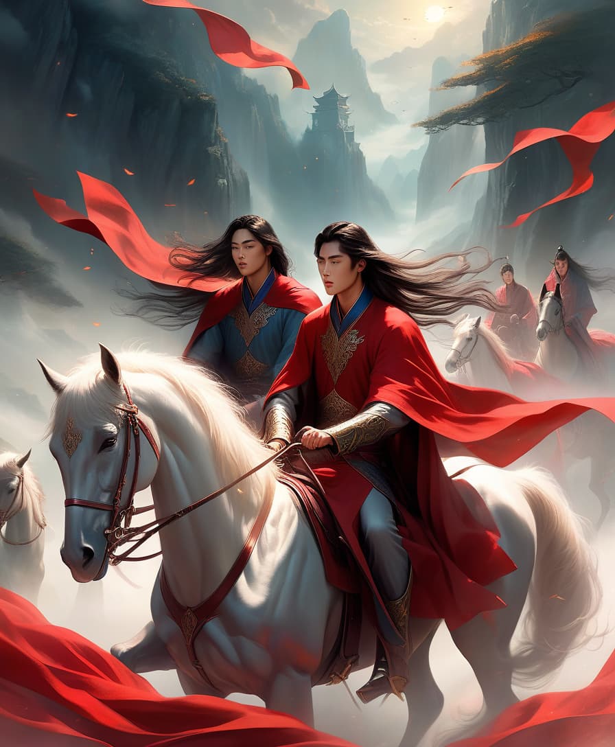  ethereal fantasy concept art of korean fantasy, three guys with long hair in red capes, riding horses, atmospheric, bright . magnificent, celestial, ethereal, painterly, epic, majestic, magical, fantasy art, cover art, dreamy, hkmagic