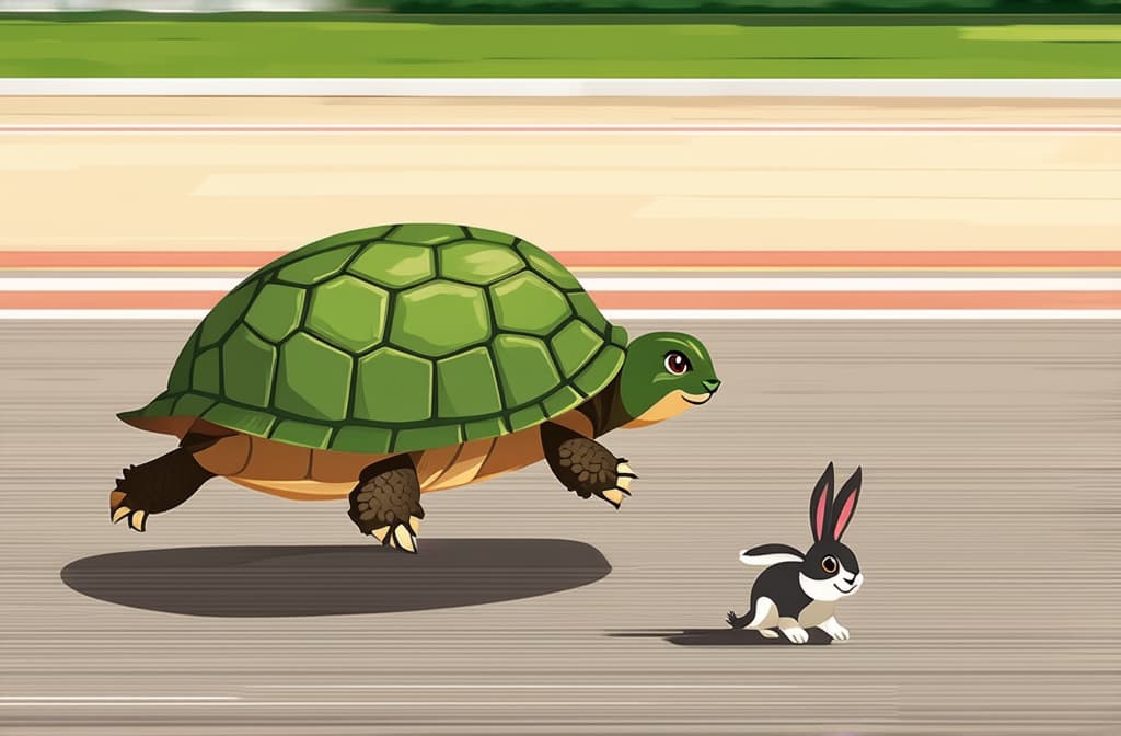  flat illustration, flaticon, (illustration:1.15), turtle running after rabbit on a race track ar 3:2, [cory loftis, strobist, pascal campion :: 0.2]