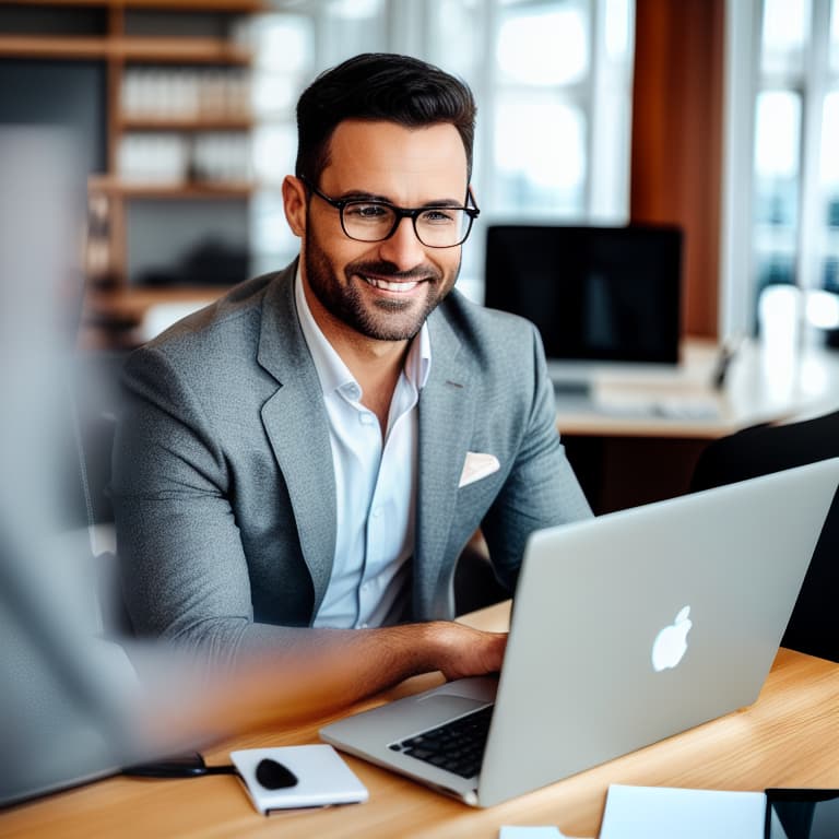  Handsome happy businessman in modern office looking on laptop, realistic, professional shot, sharp focus, 8K, insanely detailed, intricate, elegant, intricate office background