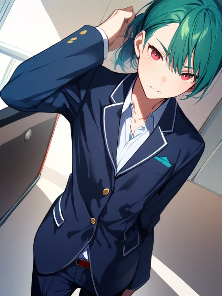  ((beautiful young man:2.0))(beautiful green hair color:1.7)(super handsome:2.0)(high school boy:2.0)smile(in school blazer and pants:2.0)(tall and skinny body:1.9)(at school gate)masterpiece,high quality,16k,super analysis