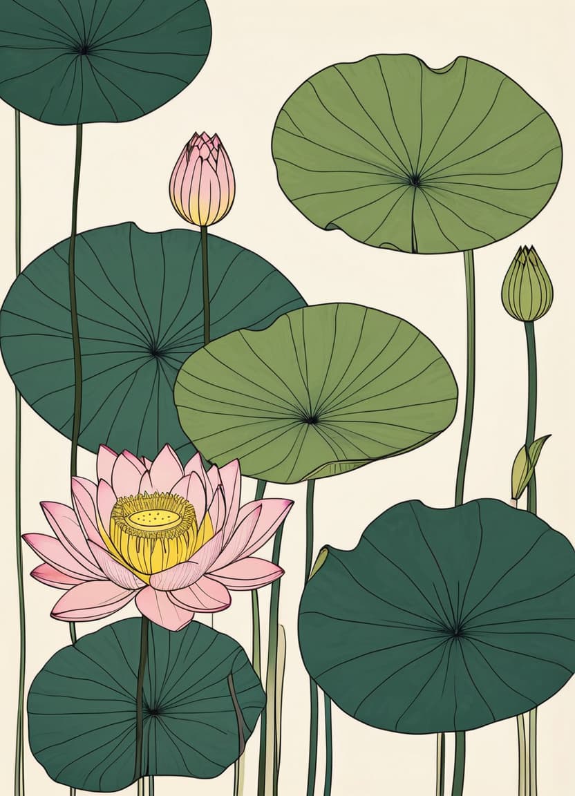  minimalism, the images features individual lotus flowers and leaves, each illustrated with fine detail, highlighting their unique textures and curvature. the flowers and leaves vary. each plant carries its own distinct form, emphasizing their organic and fluid shapes., abstract, simple geometic shapes, hard edges, sleek contours, minimalism