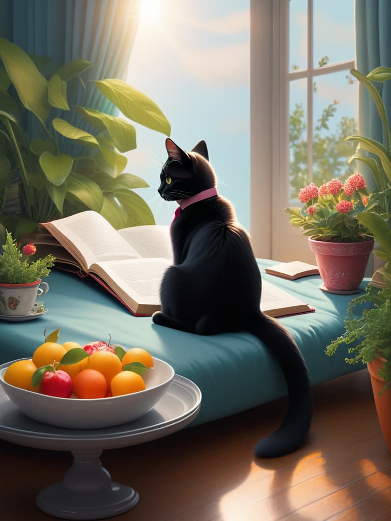  fantasy, illustration, girl, reading, bed, cat, resting, book, imagination, room, table, fruit tray, cup, bowl, crockery, flower pot, plant, corner, shiny tie, ambiance, magical, cozy, relaxing, captivating, whimsical, detailed, 4k, vivid colors, soft light, surrealism highly detailed illustration, sharp details, best quality, 4k, raw photo