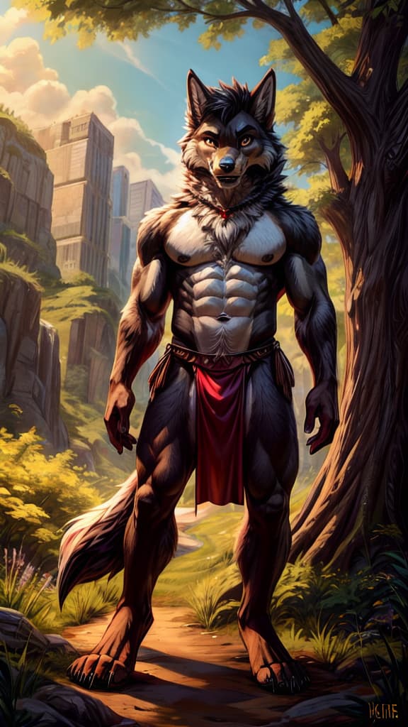   skinny grey werewolf with abs and a large buldge, wearing a short loincloth