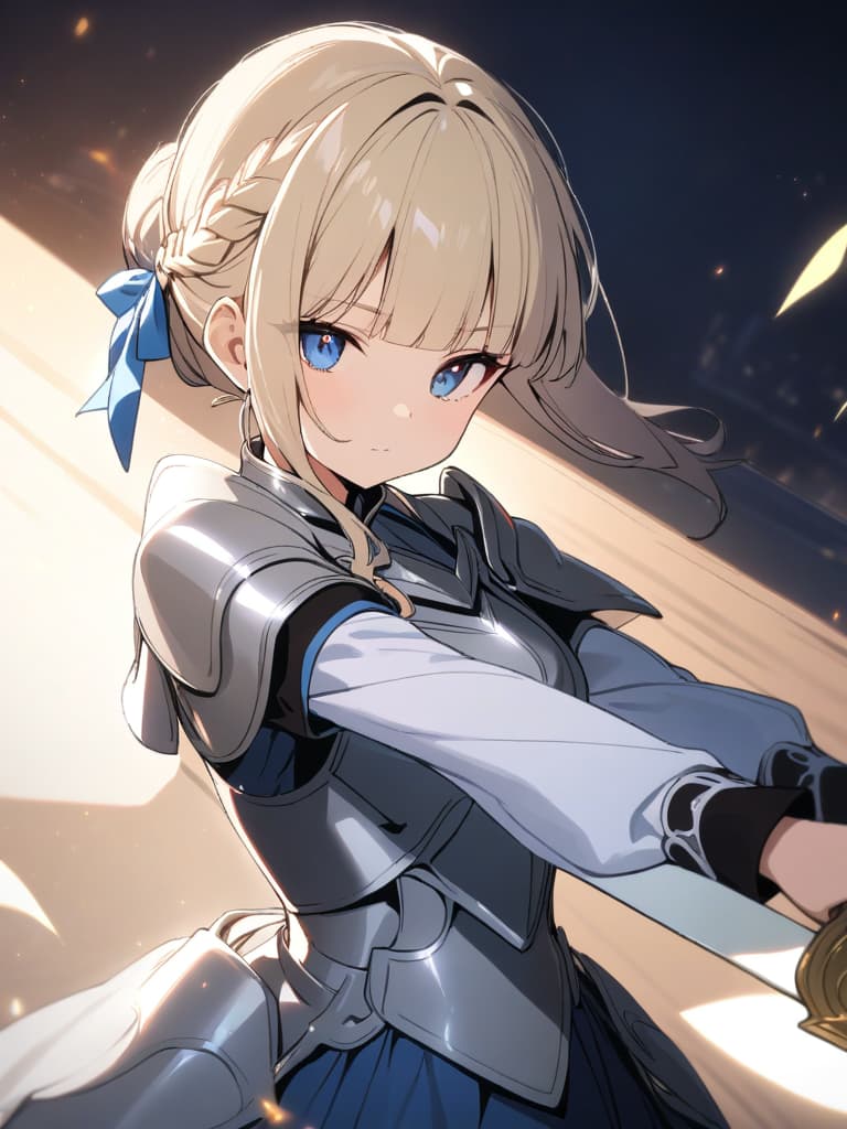  ultra detailed:1.2,masterpiece:1.2,best quality,masterpiece,bestquality,hdr:1.1,8k:1.1,very cute girl:1.3,(silver armor dress,blue dress:1.3)((blond hair,chignon:1.7)),((braided side hair,blunt bangs:1.6)),(blue head ribbon:1.1),(blue eyes:1.3),(holding great sword:1.6)dignified expression:1.3,dutch angle,upper body