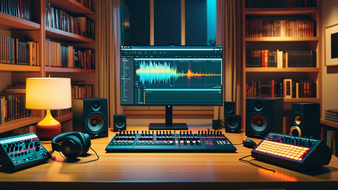  a cozy home studio with a microphone, headphones, mixing console, and colorful soundwave visuals on a computer screen, surrounded by books on audio editing and podcasting, with warm, inviting lighting. hyperrealistic, full body, detailed clothing, highly detailed, cinematic lighting, stunningly beautiful, intricate, sharp focus, f/1. 8, 85mm, (centered image composition), (professionally color graded), ((bright soft diffused light)), volumetric fog, trending on instagram, trending on tumblr, HDR 4K, 8K