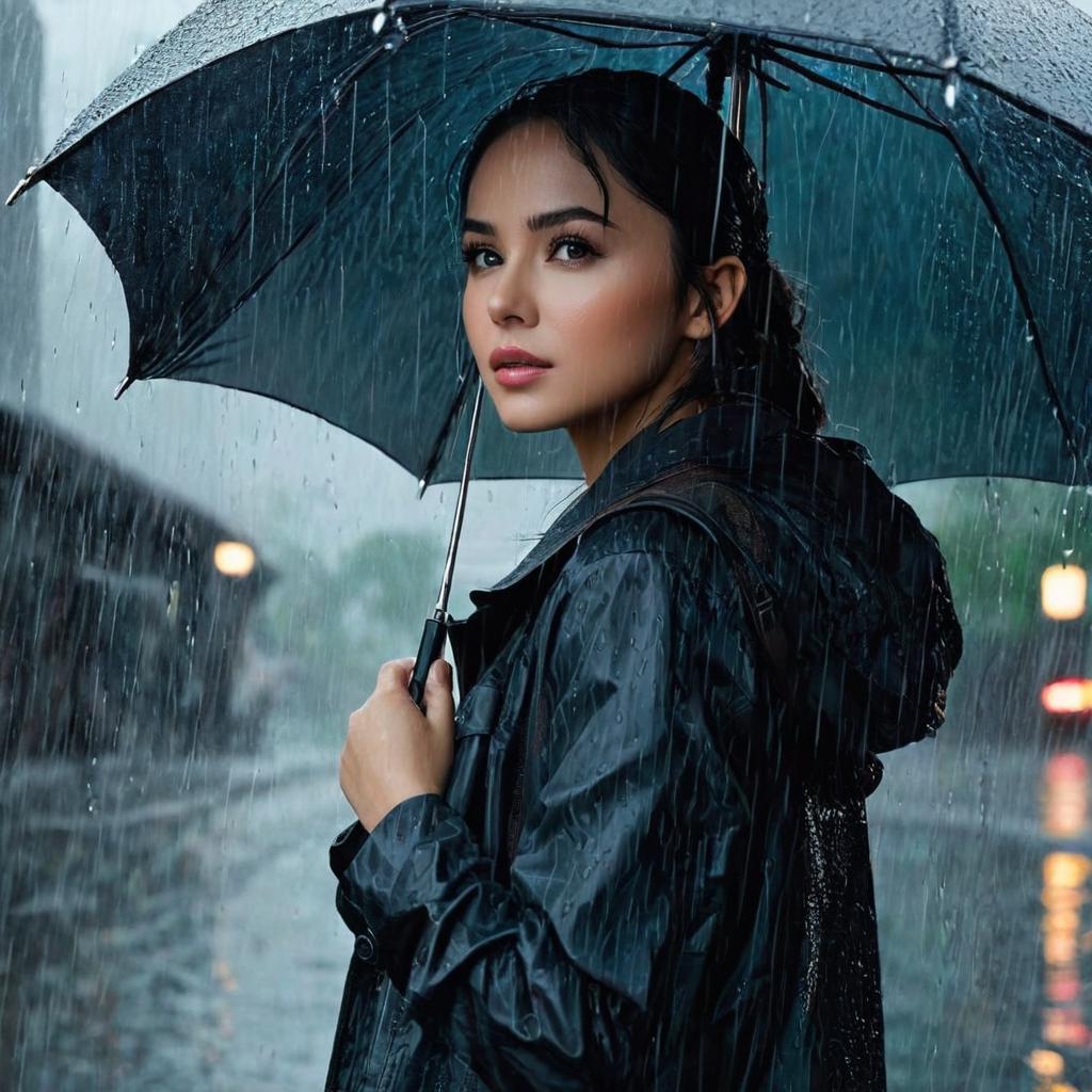  girl standing in rain, award winning, professional, highly detailed, masterpiece