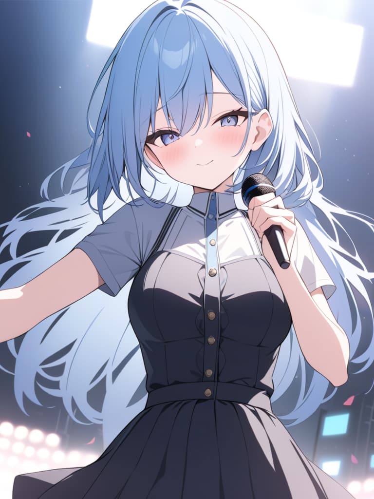  light blue hair, light blue, bob hair, with a microphone, yay, live, masterpiece, best quality,8k,ultra detailed,high resolution,an extremely delicate and beautiful,hyper detail