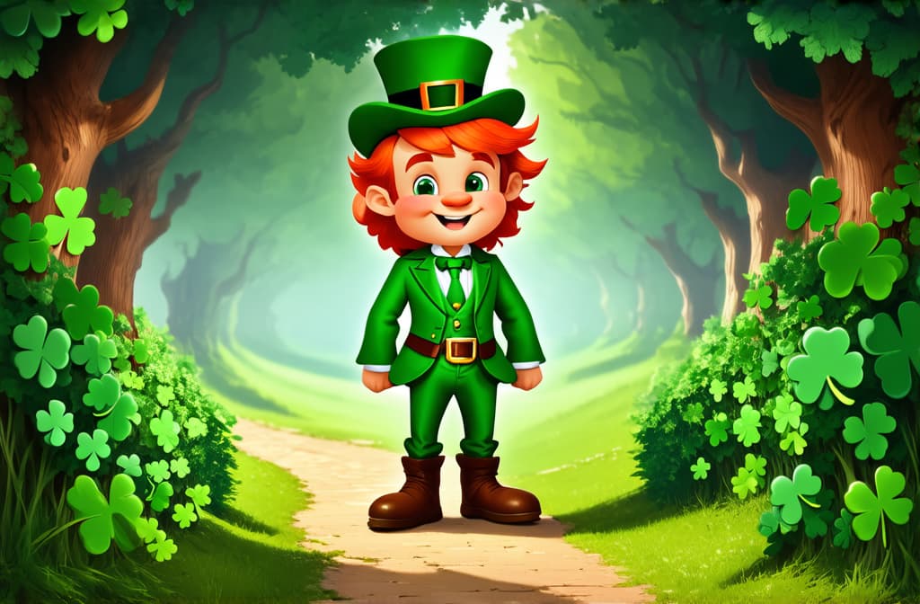  professional detailed photography, st. patrick's day. a little cartoon leprechaun with red hair in a green suit and a green hat stands on a forest path surrounded by shamrocks. design for postcards, flyers ar 3:2, (muted colors, dim colors, soothing tones), (vsco:0.3)