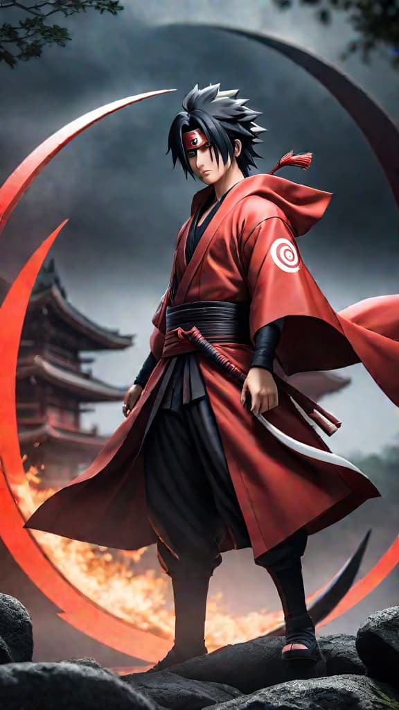  anime art: ancient uchiha ancestor unlocks the true potential of the sharingan jutsu. hyperrealistic, full body, detailed clothing, highly detailed, cinematic lighting, stunningly beautiful, intricate, sharp focus, f/1. 8, 85mm, (centered image composition), (professionally color graded), ((bright soft diffused light)), volumetric fog, trending on instagram, trending on tumblr, HDR 4K, 8K