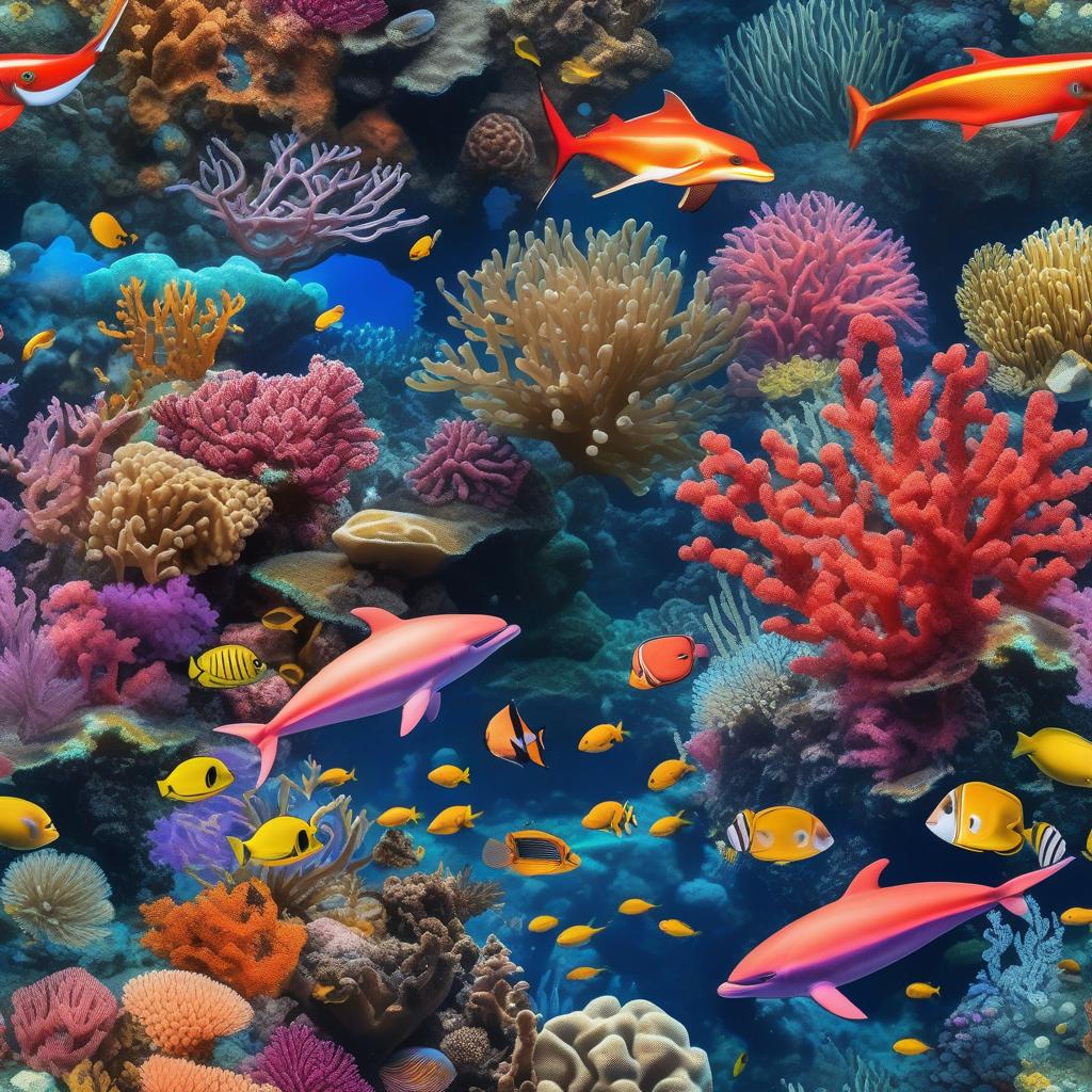  masterpiece, best quality, Most Beautiful in deep sea teeming with vibrant corals, diverse marine life, and enchanting underwater landscapes, full of corals, acrophore, small fishes, anemones, dolphin, various algaes, caves, colorful,all captured in stunning 8k resolution with intricate details.