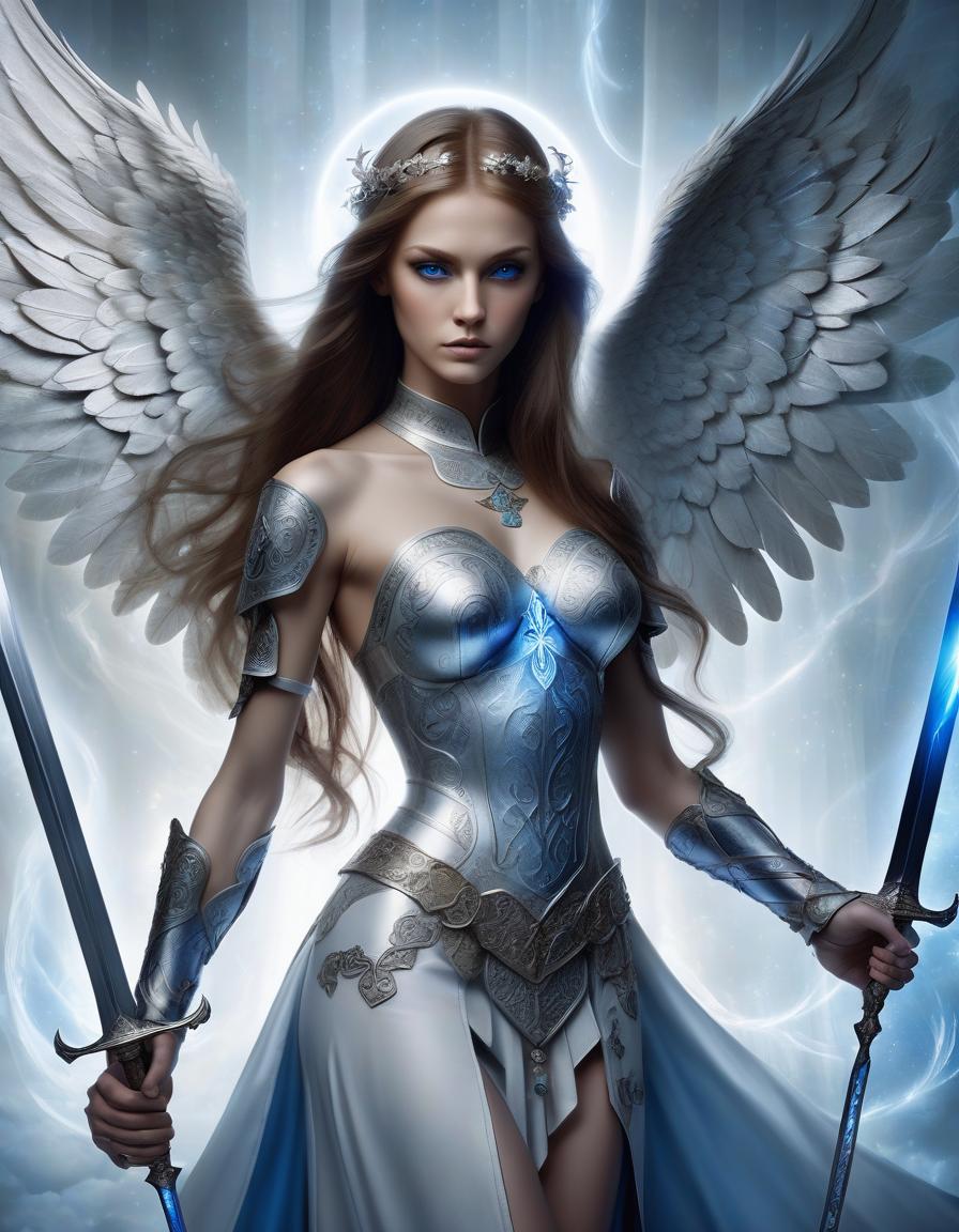  create an image of a female angel with the nickname "holy". she is low, about 153 cm tall, with a miniature, but strong physique. her long brown hair streams down her shoulders, and her bright blue eyes sparkle like heaven. behind it are transparent light wings that can be partially hidden. sacred symbols are tattooed on the back, and a small mole under the left ear is noticeable on the neck. clothed in light, but durable heavenly armor, sparkling in the light, with a long silver sword in her hands, decorated with heavenly runes.