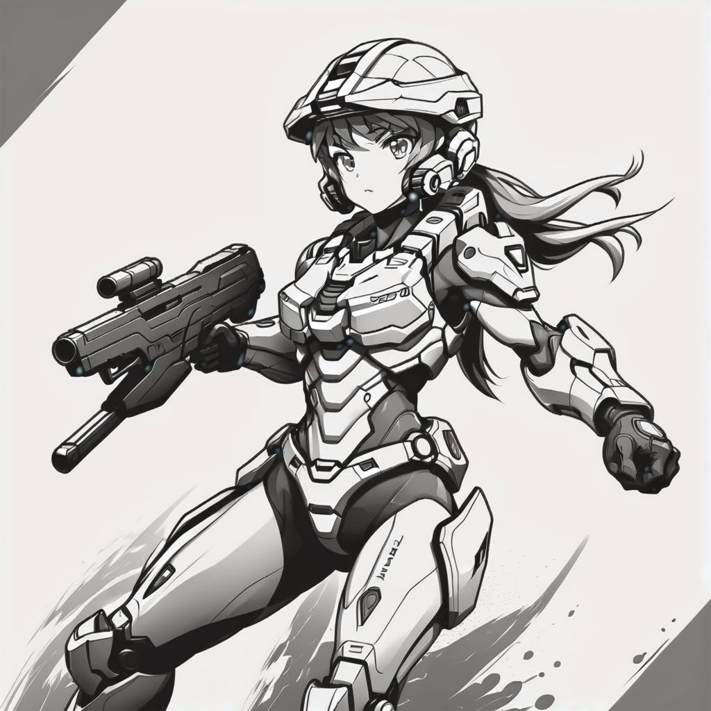  line art drawing halo combat evolved girl, battle stance, same nightmare. anime style . professional, sleek, modern, minimalist, graphic, line art, vector graphics