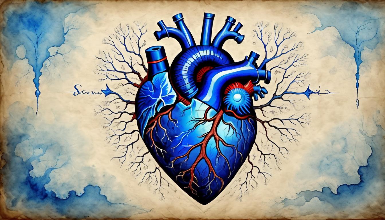  on parchment, surrealism+++, a close up of a pulsating heart, electric blue veins, intense emotional and spiritual energy, palpable tension(mysterious, provocative, symbolic,muted color)+++