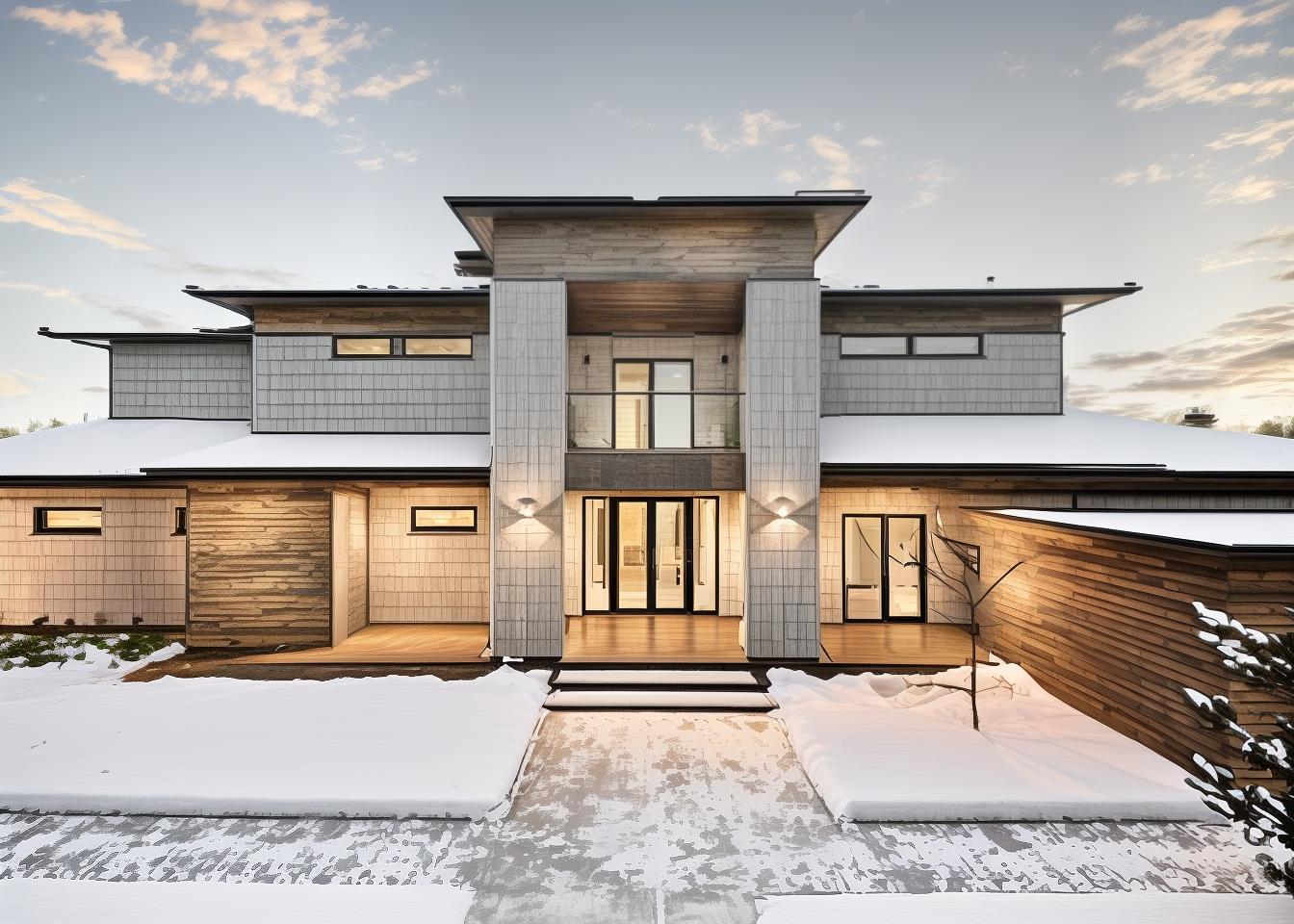  generate an image of a house facade in a modern farmhouse style. use a pitched metal roof, white or light colored siding, black window frames, and a welcoming front porch. the design should balance rustic charm with contemporary elements, creating a warm and inviting appearance.