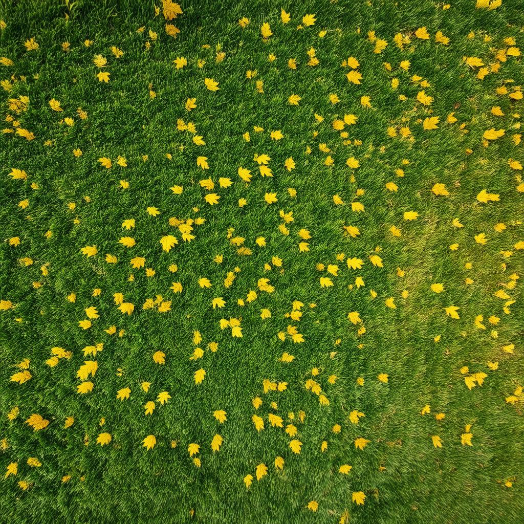  professional detailed photography, top view of a green lawn with yellow foliage on it, (muted colors, dim colors, soothing tones), (vsco:0.3)