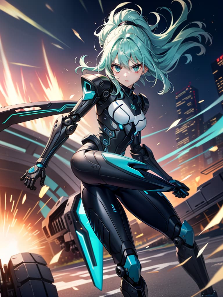  masterpiece,insanely detailed face,solo,girl,intelligence,genius,serious,cool,clear face,aqua hair,hair up,sidelocks,ring hair,humanoid,((mechanical joint)),((exoskeleton)),((mechanical legs)),green colored armor,pose,((kicking)),incoming attack,one leg stand,(outstretched foot,close up sole),blurr sole, looking at viewer,sense of movement,speed line,motion blurr,blurr fore ground,