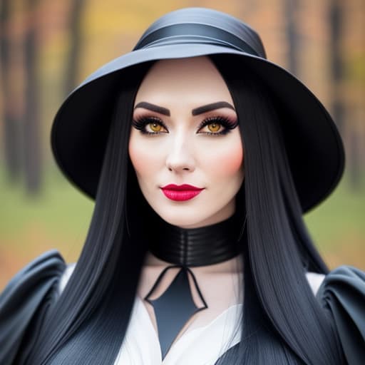  beautiful cosplay woman with long black hair dressed as a witch. good skin, clear eyes, smart hair, soft focus, depth of field, 8k photo, hdr, professional lighting, taken with canon eos r5, 75mm lens, low angle shot hyperrealistic, full body, detailed clothing, highly detailed, cinematic lighting, stunningly beautiful, intricate, sharp focus, f/1. 8, 85mm, (centered image composition), (professionally color graded), ((bright soft diffused light)), volumetric fog, trending on instagram, trending on tumblr, HDR 4K, 8K