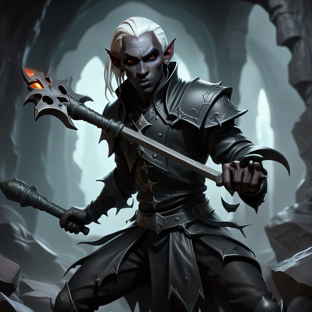  macabre style drow male elf cleric, simble plain black leather jacket, simple iron battle mace, dark cave temple . dark, gothic, grim, haunting, highly detailed, civitai, hkmagic