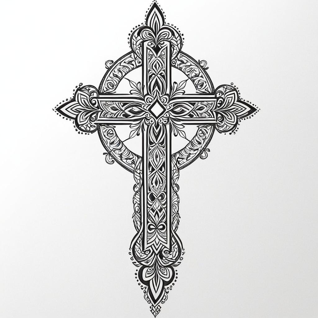  here is the prompt: tribal christian cross with intricate patterns,(tattoo), tattoo design