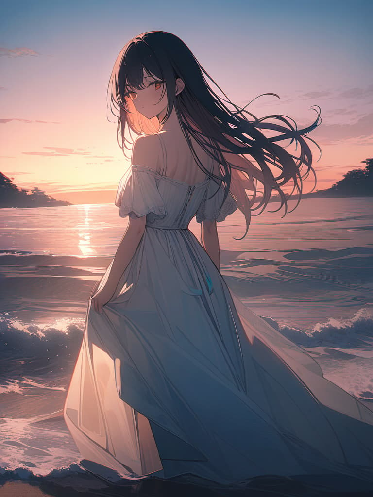  the whole body, the background is walking on the sea, the sandy beach, the woman looks back, the sky is in the evening sky, masterpiece, best quality,8k,ultra detailed,high resolution,an extremely delicate and beautiful,hyper detail