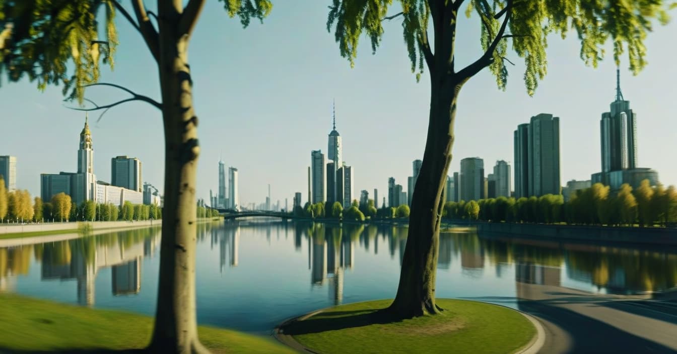  metropolis themed realistic landscape, metropolis in the distance, left linden tree and right linden tree, sunny summer day, wide angle camera, park, lake reflects trees, cinematic, bottom view . urban, cityscape, skyscrapers, modern, futuristic, highly detailed