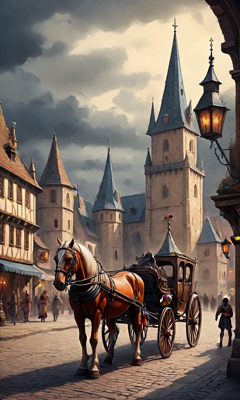  carriage stands on the town square in a medieval northern city, book illustration style, day , dark fantasy atmosphere , oil painting, on parchment