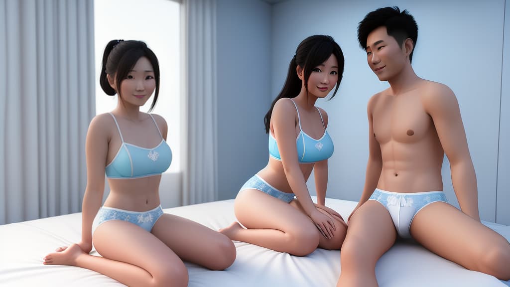  3D render of a Thai love couple wearing underwear and sitting on the bed, white+skyblue color scheme