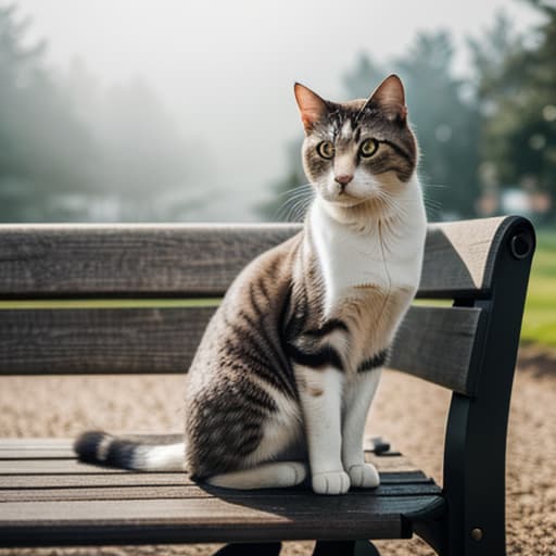  a cat sitting on a bench hyperrealistic, full body, detailed clothing, highly detailed, cinematic lighting, stunningly beautiful, intricate, sharp focus, f/1. 8, 85mm, (centered image composition), (professionally color graded), ((bright soft diffused light)), volumetric fog, trending on instagram, trending on tumblr, HDR 4K, 8K