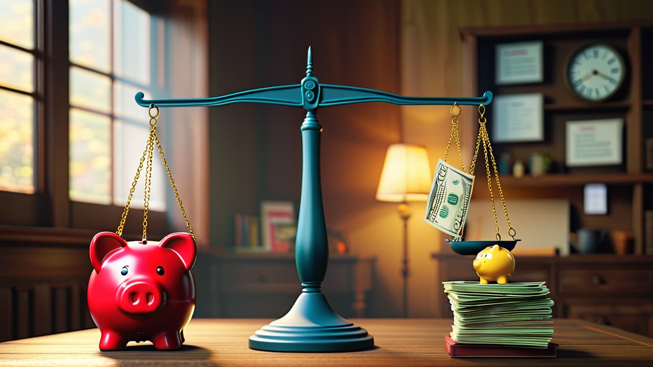  a balanced scale with two sides: one filled with cash and bills representing gross income, the other with a piggy bank symbolizing net income, set against a backdrop of financial charts and calculators. hyperrealistic, full body, detailed clothing, highly detailed, cinematic lighting, stunningly beautiful, intricate, sharp focus, f/1. 8, 85mm, (centered image composition), (professionally color graded), ((bright soft diffused light)), volumetric fog, trending on instagram, trending on tumblr, HDR 4K, 8K