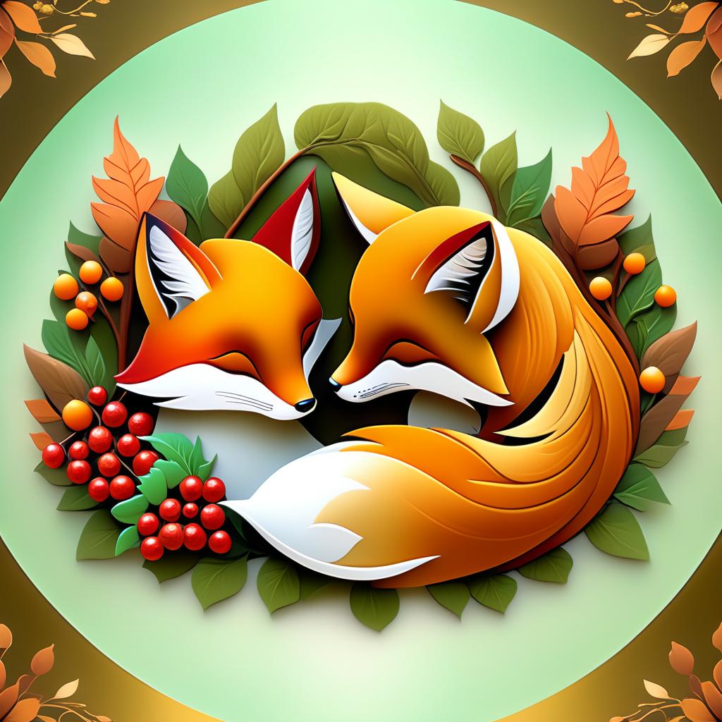  dreamscape (frame):gold round frame decorated with fancy oak leaves and rowan berries. (picture). animalism in fantasy style: little fox sleeping in the arms of big mum fox. appearance of a fox:sweetly sleeping curled up in a ball. (colours):orange, red, white, beige, gold, all shades of green, brown, brown gold. (style):animalism, fantasy, fairy tale, tenderness, kindness, calmness, cartoon . surreal, ethereal, dreamy, mysterious, fantasy, highly detailed, civitai, hkmagic hyperrealistic, full body, detailed clothing, highly detailed, cinematic lighting, stunningly beautiful, intricate, sharp focus, f/1. 8, 85mm, (centered image composition), (professionally color graded), ((bright soft diffused light)), volumetric fog, trending on instagram, trending on tumblr, HDR 4K, 8K