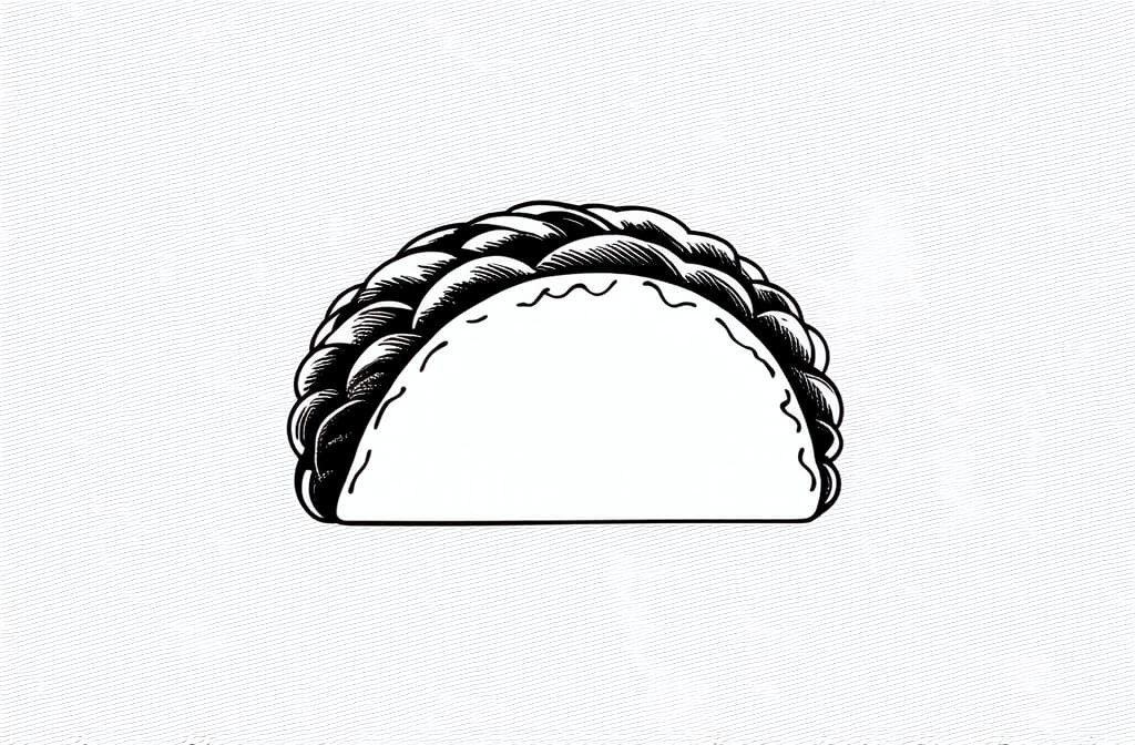  contour, very simple image in one unbroken black ink line, single line of taco, engraving illustration, icon isolated on white background ar 3:2 using a single continuous black line ink brushon white background, drawing should be created without lifting the pen, recognizable features of taco, engraving illustration, icon isolated on white background ar 3:2 in one unbroken line