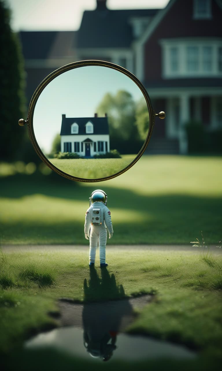  cinematic film still a mirror , on one side is space and an astronaut , on the other side of the mirror is a house and the grass is green . shallow depth of field, vignette, highly detailed, high budget, bokeh, cinemascope, moody, epic, gorgeous, film grain, grainy