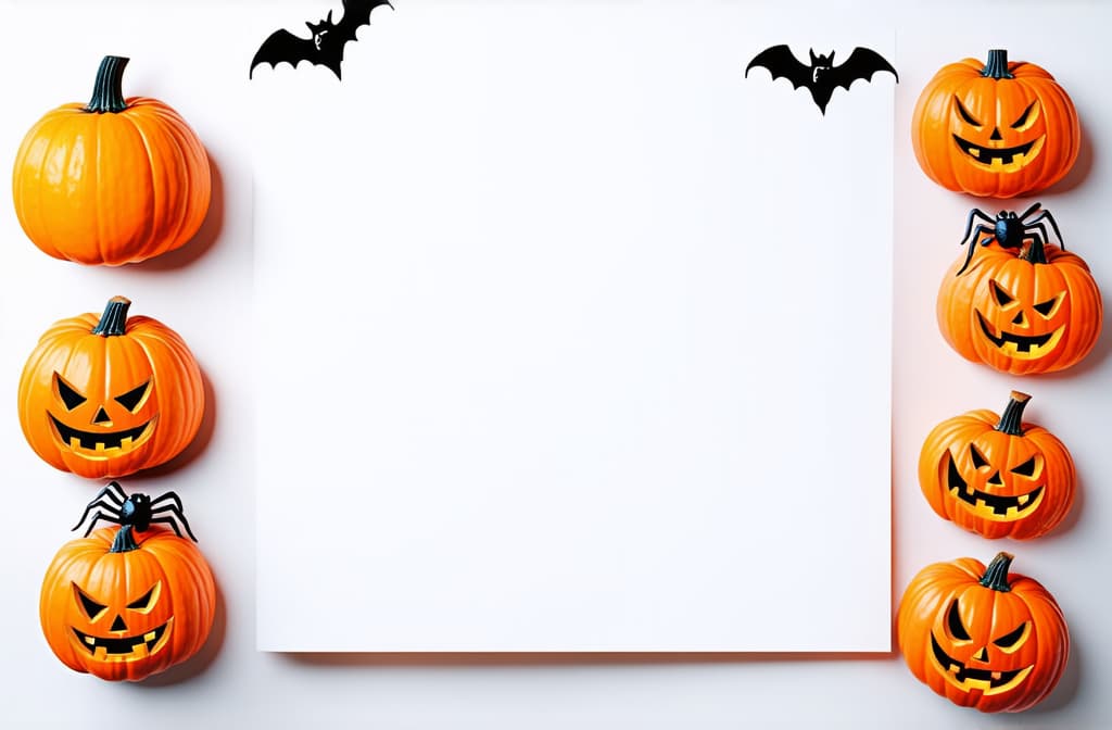  halloween holiday. flatly on a white background. pumpkins, bats and spiders. copyspace. postcard with frame. ar 3:2 {prompt}, maximum details