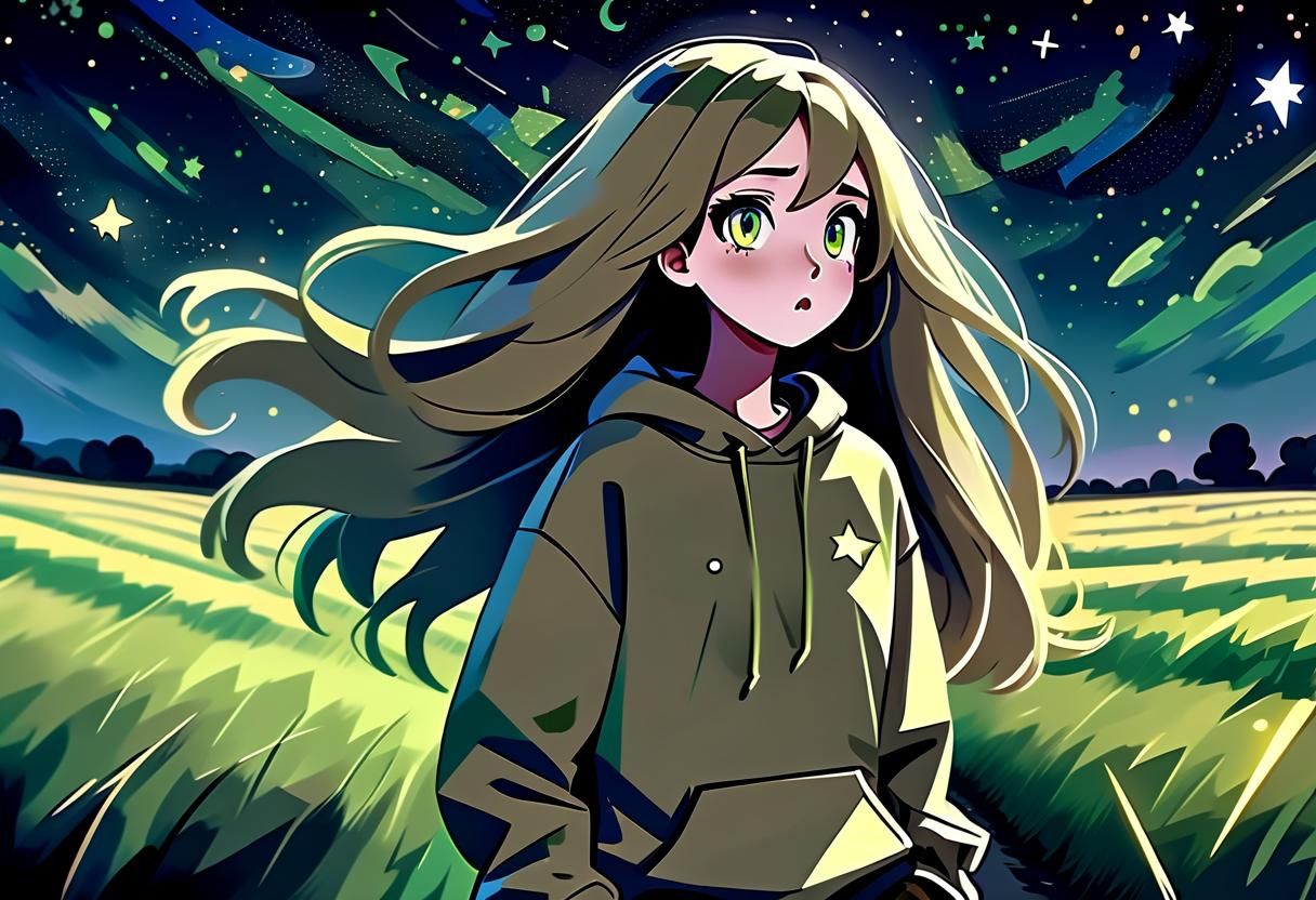  cubist artwork a girl in anime style with long hair runs around the field at night dressed in a khaki colored sweatshirt and pants. the girl looks at the starry sky at night with black lower eyelids under the eyes of a specific color full of fear of the unknown and curiosity. there are stars in the night sky. . geometric shapes, abstract, innovative, revolutionary