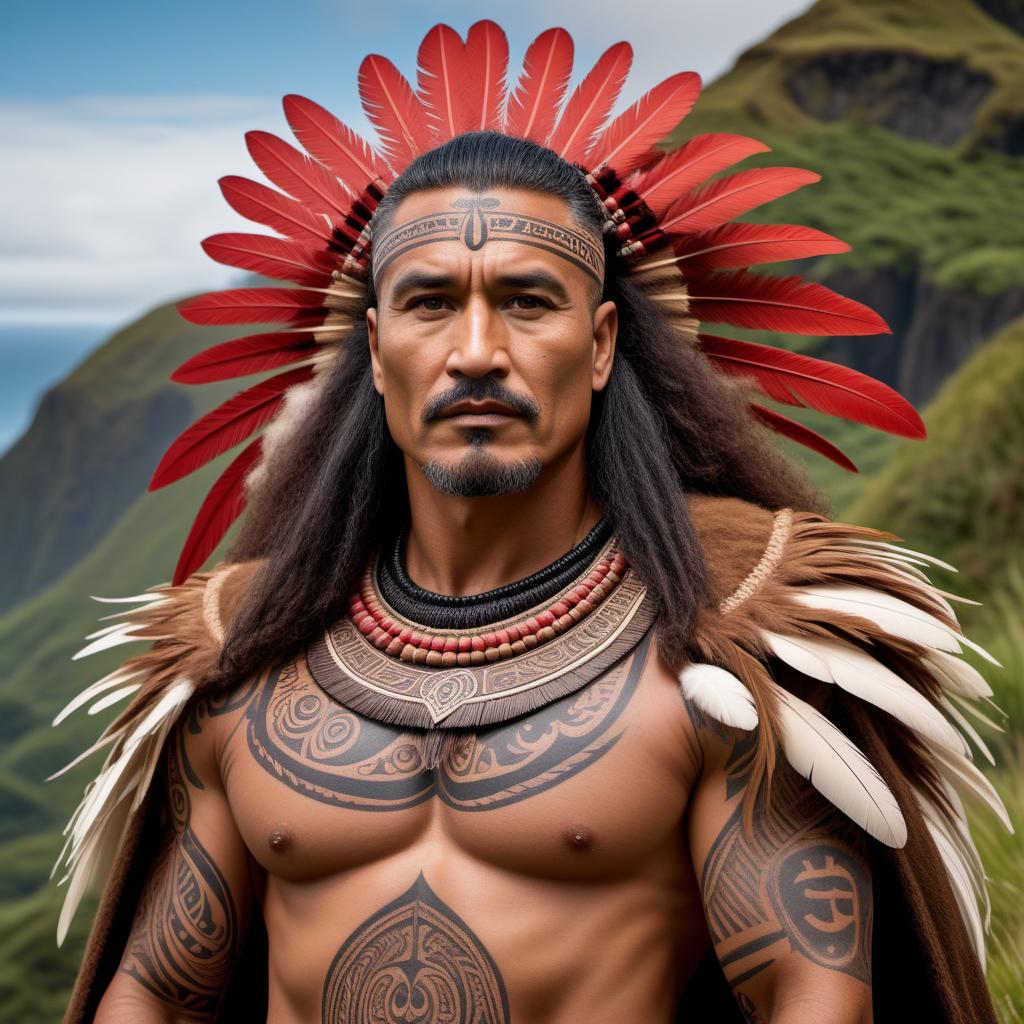  Visualize Sonny Olomua as a Maori chief from New Zealand. He is adorned in traditional Maori attire, including a feathered cloak and decorative face tattoos (Ta Moko). The background features beautiful New Zealand landscapes, including lush forests, mountains, and Maori carvings. Sonny is participating in a traditional Haka dance or ceremony, exuding strength and cultural pride. hyperrealistic, full body, detailed clothing, highly detailed, cinematic lighting, stunningly beautiful, intricate, sharp focus, f/1. 8, 85mm, (centered image composition), (professionally color graded), ((bright soft diffused light)), volumetric fog, trending on instagram, trending on tumblr, HDR 4K, 8K