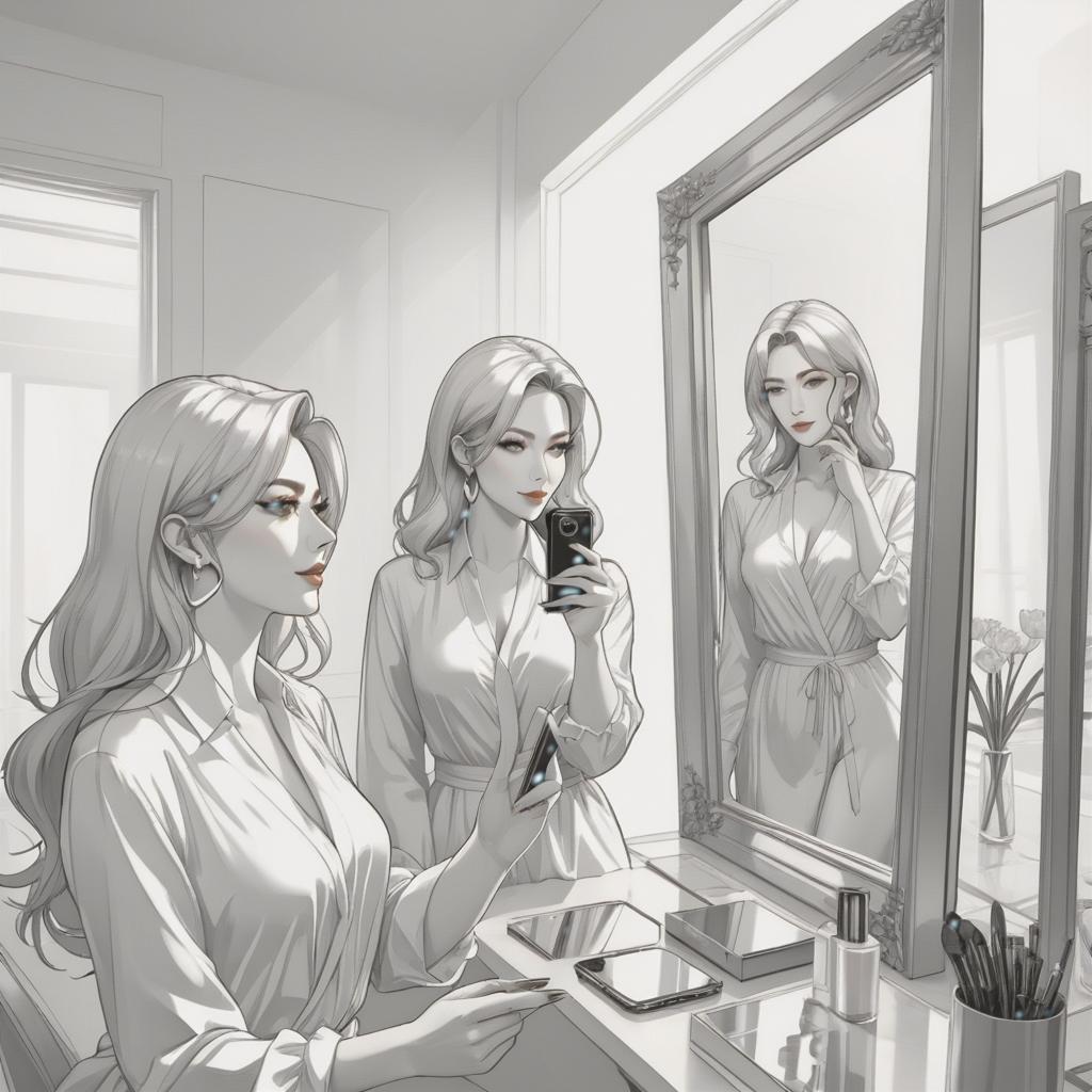  line art drawing narcissist girl, mirror selfie . professional, sleek, modern, minimalist, graphic, line art, vector graphics hyperrealistic, full body, detailed clothing, highly detailed, cinematic lighting, stunningly beautiful, intricate, sharp focus, f/1. 8, 85mm, (centered image composition), (professionally color graded), ((bright soft diffused light)), volumetric fog, trending on instagram, trending on tumblr, HDR 4K, 8K