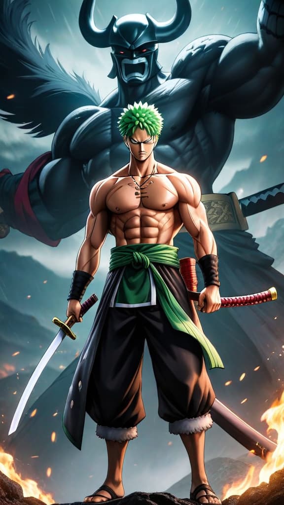  roronoa zoro from one piece standing before kaido, swords gleaming, intense battle, anime art hyperrealistic, full body, detailed clothing, highly detailed, cinematic lighting, stunningly beautiful, intricate, sharp focus, f/1. 8, 85mm, (centered image composition), (professionally color graded), ((bright soft diffused light)), volumetric fog, trending on instagram, trending on tumblr, HDR 4K, 8K