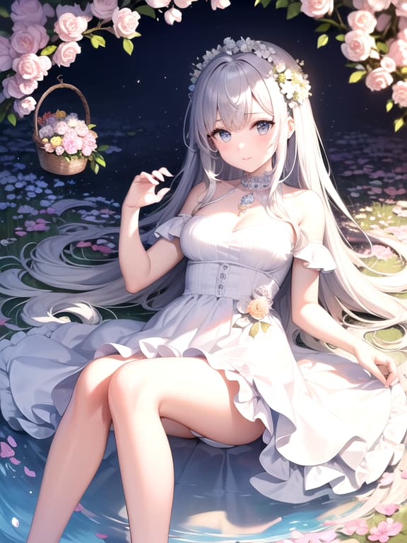  master piece, best quality, ultra detailed, highres, 4k.8k, beautiful, innocent, young , lying in a flower field, surrounded by petals, dreamy and serene, break beautiful covered in flowers, lush flower field with petals drifting in the air, white dress, floral crown, basket of flowers, unicorn, break magical and enchanting, soft pastel colors, sparkling stars, gentle sunlight filtering through the petals, cyberpunkai