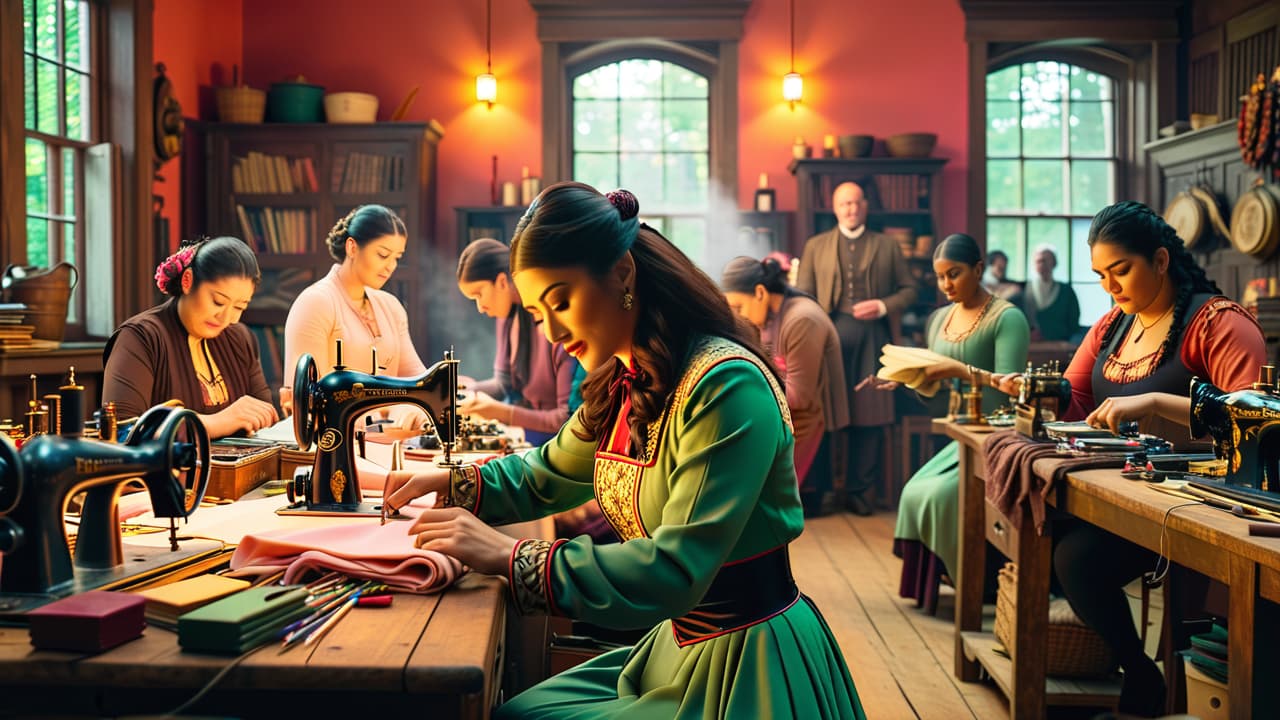  a bustling workshop scene with skilled costume makers surrounded by vibrant fabrics, intricate patterns, and sewing tools, meticulously crafting elaborate costumes under warm lighting, showcasing their creativity and collaboration in the costume making process. hyperrealistic, full body, detailed clothing, highly detailed, cinematic lighting, stunningly beautiful, intricate, sharp focus, f/1. 8, 85mm, (centered image composition), (professionally color graded), ((bright soft diffused light)), volumetric fog, trending on instagram, trending on tumblr, HDR 4K, 8K