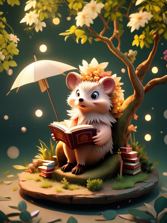  The cute hedgehog sits under a tree with books. hyperrealistic, full body, detailed clothing, highly detailed, cinematic lighting, stunningly beautiful, intricate, sharp focus, f/1. 8, 85mm, (centered image composition), (professionally color graded), ((bright soft diffused light)), volumetric fog, trending on instagram, trending on tumblr, HDR 4K, 8K